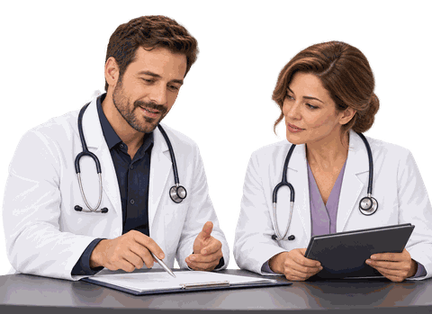 Ein Arzt und eine Ärztin besprechen gemeinsam eine Patientenakte.